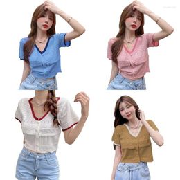Women's T Shirts Summer Knit Sweater Tops Short Sleeve V Neck Button Down Casual Blouses