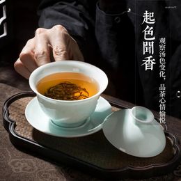 Teaware Sets Jingdezhen Handmade Misty Blue Carved Flower Gaiwan Single Ceramic Solid Colour Tea Home With Lid Brewing Bowl