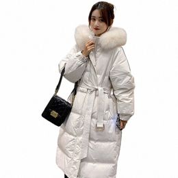 winter Puffer Jackets Fox Fur Collar White Duck Down Jacket Women Fi Lg Down Hooded Coat Thick Warm Belt Parka 2023 New a0e4#