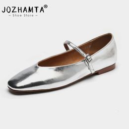 JOZHAMTA Size 34-43 Women Ballet Flats Shoes Soft Real Leather 2024 Ins Silver Buckle Strap Casual Low Heels Wedding Dress Shoes 240322