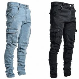 men's Jeans Men Pants W Old Solid Multi Pockets Denim Pant Mid Waist Cargo Jean Male Slim Fahsi Casual Trousers S-4XL M7nT#