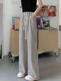 Women's Pants 2024 Summer Striped Ice Silk Thin Female High Waist Wide-leg Ladies Loose Casual Straight Trousers B12