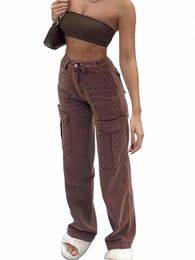 women Wide Leg Baggy Brown Jeans Lady Vintage Y2K Punk High Waist Loose Denim Cargo Pants Streetwear Pockets Oversized Trousers R9YA#