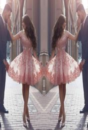 New Dusty Pink Arabic Style Homecoming Dresses Off Shoulders Lace Appliques Cap Sleeves Short Prom Dresses Backless Cocktail Dress7578472