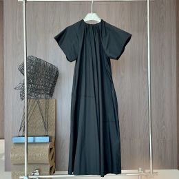 Basic Casual Dresses Womens Dress Crew Neck Black Pleated Collar Large Hem Loose Fitting Midi Drop Delivery Apparel Clothing Otaij