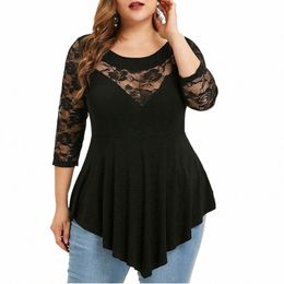 plus Size Women Clothing Floral Lace Hollow out Sexy Tunic Blouse Summer Solid Tops Ladies Ruffles Irregular Blusas f3bw#