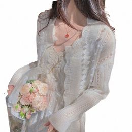 petal Collar Vintage Knitted Cardigan Beading Elegant Hollow Out Pearls All-match Crop Top White Single-breasted Exquisite Shrug e8Zk#