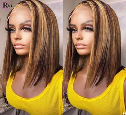 Lace Wigs RULINDA Short Bob Front Human Hair Straight Highlight Ombre Colour Brazilian Remy 4X4 Pre Plucked7770487