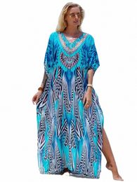 bohemian Seaside Plus Size Print Kaftan Lg Dr Sexy V Neck Loose Robe Women 2024 Summer Beachwear Swimsuit Cover-ups Q1415 m9Cs#