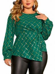 gibsie Plus Size Grid Print Twist Frt O-Neck Blouses for Women 2023 Autumn New Lg Sleeve Work Casual Elastic Top Shirts Q9Hw#