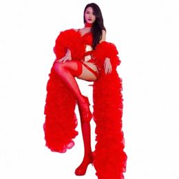 new Women Red Gauze Shawl Red Bikini Sexy Pole Dance Clothes Nightclub Costumes Festival Rave Outfit Stage Show Clubwear Set D76E#