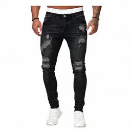 denim Pockets Ripped Skinny Men Trousers Lg Stylish Jeans Pants Hole Butt Trousers 71Zm#