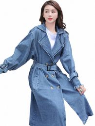 mid-length Blue Denim Trench Coat With Belt Vintage Loose Lg Sleeve Frayed Women Windbreaker Female Casual Spring Autumn 2023 D21X#