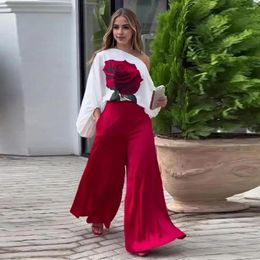Women's Two Piece Pants Sloping Shoulder Suit Elegant 3d Rose Print Top Set With One Design High Waist Wide Leg For Office
