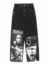 houzhou Gothic Baggy Jeans Women Punk Hippie Streetwear Print Y2K Wide Leg Trousers Harajuku Grunge Denim Pants Vintage 90s X4jC#