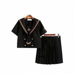 starmo Compass Black Summer Navy Sailor Suit Tops Skirts JK High School Uniform Class Uniform Students Cloth q23r#