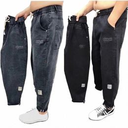 harajuku Stretch Korea Streetwear Loose Solid Denim Jeans Elastic Waist for Men Spring Summer New plus size 7XL 8XL Casual Pants 19cB#