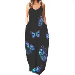 Casual Dresses Sexy Sling Long For Women 2024 Summer Butterfly Printed Dress With Pockets Vestidos Sleeveless Holiday Beach Sundress