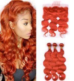 Bright Orange Lace Frontal Closure and Bundles Burnt Orange Body Wave Wavy Virgin Peruvian Human Hair Weaevs with Lace Frontals2152713