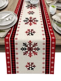 Christmas Red Plaid Snowflake Linen Dining Table Runner Home Wedding Decor Washable for Navidad 240325