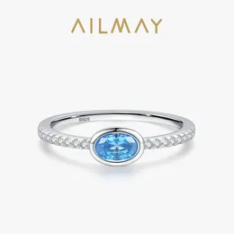 Cluster Rings Ailmay Genuine 925 Sterling Silver Fashion Oval Blue Zirconia Finger Ring For Women Luxury Wedding Engagement Fine Jewellery