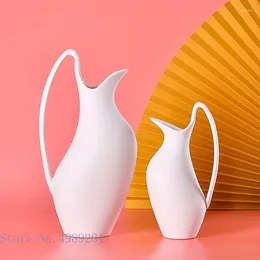 Vases Ceramic Vase White Kettle Shape Handle Irregular Handmade Flower Arrangement Handicraft Ornaments Home Decoration