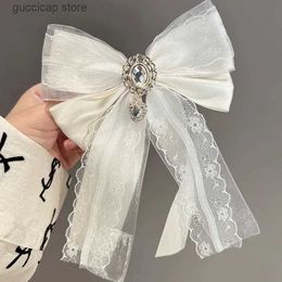 Bow Ties New Lace Rhinestone Bow Tie Hairpin Dual Purpose College Style Professional Shirt Bank Hotel Flight Attendant Collar Accessories Y240329