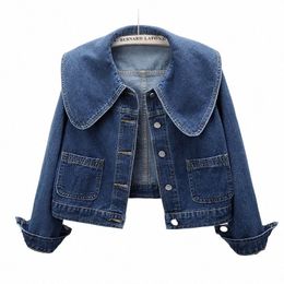 peter Pan Collar Denim Jackets For Women Korean Fi Lg Sleeves Butt Jean Coat Vintage Crop Female Casual Loose Outwear L2dp#