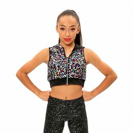 midee Hip-hop Tops Coat Boys and Girls Colourful Sequin Sleevel Outfit Short Jazz Cool Girls Stage Performance Dance Costume V9Nj#