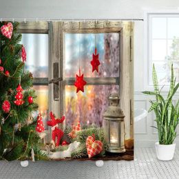 Shower Curtains Retro Window Green Xmas Tree Set Red Star Lantern Year Christmas Bathroom Polyester Cloth Bath Curtain Decor
