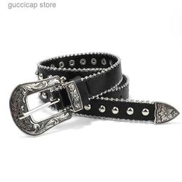 Waist Chain Belts Punk studded PU leather belt star studded square buckle belt retro casual fashion cool belt suitable for men women and luxury Y240329