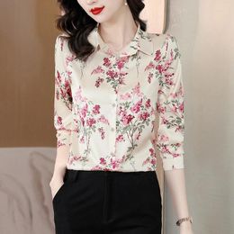 Women's Blouses Silk Satin Shirt Fashion Floral Printed Occupation Tops Long Sleeved Office Lady Blouse