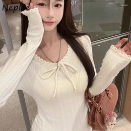 Women's T Shirts Neploe Korean Sweet U-neck Lace Bow Knitted Tops Women 2024 Spring Slim Fit T-shirts Y2k E-Girl Long Sleeve Tee Shirt
