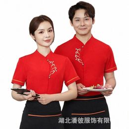 summer Hotel Waiter Short Sleeve Chinese Dining Teahouse Hot Pot Restaurant Workwear Uniform New 57au#