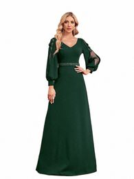 xuibol Luxury Applique Lg Sleeves Floor LengthGreen Formal Evening Dr Women Elegant Weedding Party V-neck Cocktail Prom b4vS#