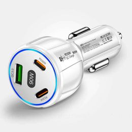 Upgrade 90W 3-In-1Car Charger Qc3.0 PD Type C USB Moblie Phone Fast Charging For Iphone Xiaomi Samsung Car Quick Charger Adapter