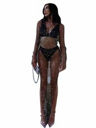 shiny Rhinestes Grid Fishnet Dr Lg Sleeve O-Neck Hollw Out Side Slit Dr Sexy Beach Cover Up Breathable Lady Vestidos p4Vv#