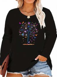 plus-size Women's Autumn/Winter Lg Sleeve T-Shirt, Beautiful Colorful Butterfly Tree Print, Retro Neutral Casual Style, Round O9A7#
