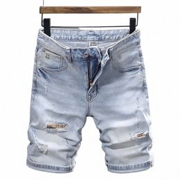 summer Fi Designer Short Jeans Men Retro Light Blue Stretch Slim Fit Ripped Jeans Patched Vintage Casual Denim Shorts Men r0uP#