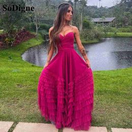 Urban Sexy Dresses SoDigne Fuchsia Formal 2023 A Line Tiered Tulle Prom Layered Evening Gowns Pleat Women Wedding Party Dress yq240329