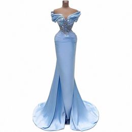 baby Blue Mermaid Evening Dres Women Off the Shoulder Sparkle Sequins Formal Party Gowns Lg Satin Ocn Vestido De Gala r0GI#