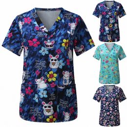 scrub Tops Women Short Sleeve V-neck Tops Nurse Uniform Carto Print Working Blouse Ladies T-shirts uniforme enfermera mujer J8kH#