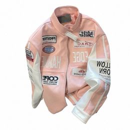 motorcycle Leather Jacket Unisex High Street Hiphop Pink Bomber Jacket American Vibe Workwear Letter Baseball Uniform m01v#