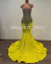 Yellow Sparkly Long Mermaid Prom Ceremony Formal Dresses for Black Girl 2024 Luxury Diamond Evening Birthday Gala Dress