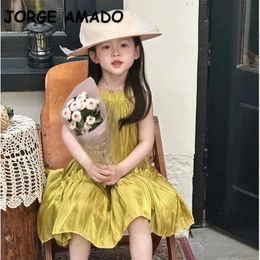 Summer Kids Girl Dress Round Collar Halterneck Sleeveless Shoulderless Little Children Beach Princess Dresses H2314 240322