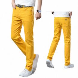 korean Casual Red Yellow Pink Youth Party Hip Hop Men's Straight Jeans Design Fi Denim Pants Elastic Slim Straight k02e#