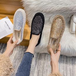 Casual Shoes 2024 Bling Fur Loafers Woman Fleeces Flats Sneakers Glitter Winter Cotton Women Paillette Plush Moccasins Big Size 34-43