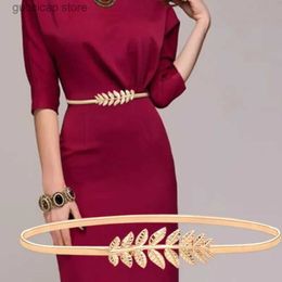 Waist Chain Belts Flower leaf metal buckle belt for womens elastic waist chain belt for womens gold thin waist belt for womens Pasek Damski Y240329