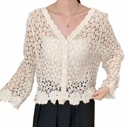 womens Crochet Top with Lg Sleeve Butt Frt Fr Embroidery White Hollow-out Open-knit Cardigan Summer Beach Wear 7776#