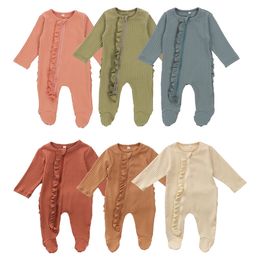 Citgeett Spring Autumn Solid 5 färger födda i stycken Pyjamas spädbarn långärmad rund hals ruffle nattkläder 240322